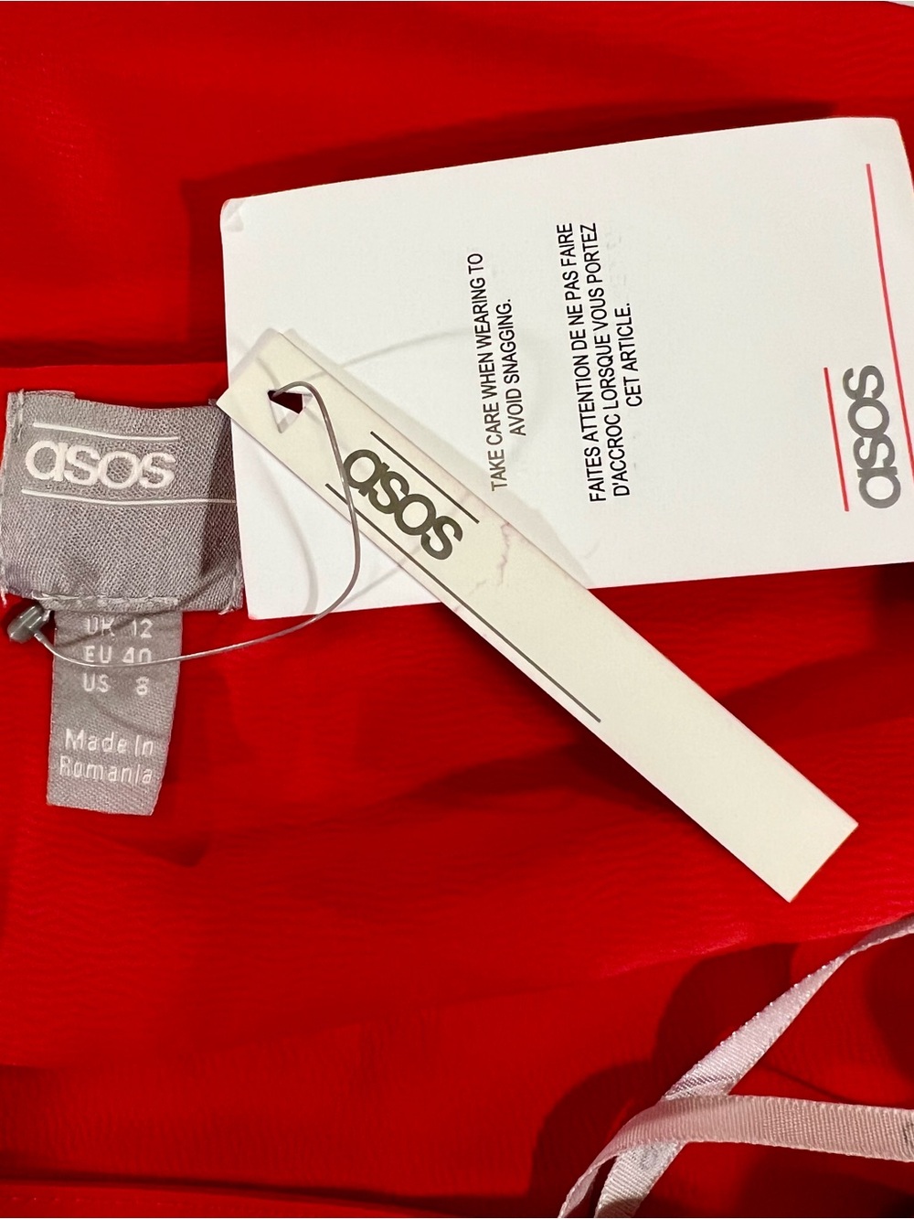 ASOS Red Satin Asymmetrical Midi Dress with Draped Front - Picture 8 of 10